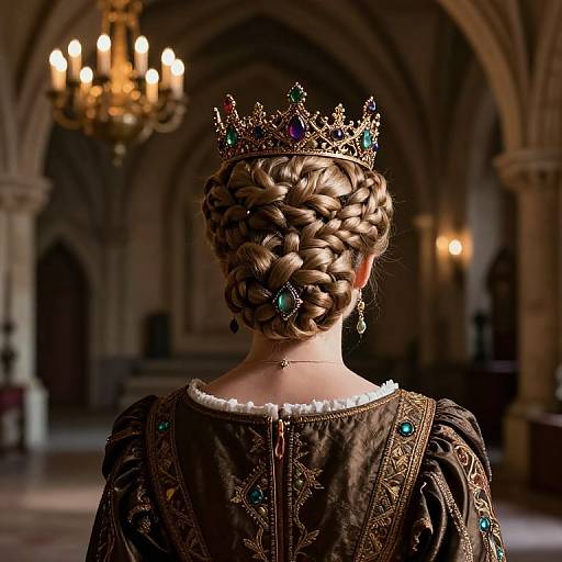 Photograph of a regal woman from behind, wearing an intricately braided golden crown, ornate brown gown, and teal jewels, in a