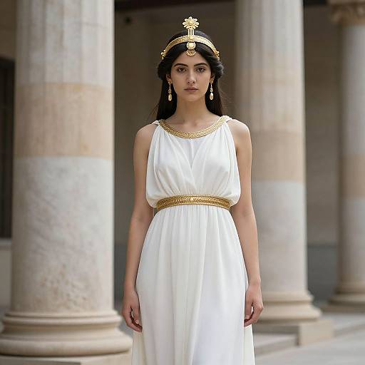 Photograph of a young woman with dark hair and light skin, wearing an ancient Greek-style white dress with gold trim, and a gold headpiece,