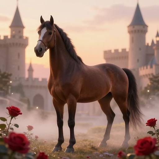 Mystical Horse in Enchanted Castle Grounds