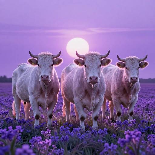 Three white cows standing in a purple-hued field of flowers at sunset, with the sun glowing behind them. Photograph.