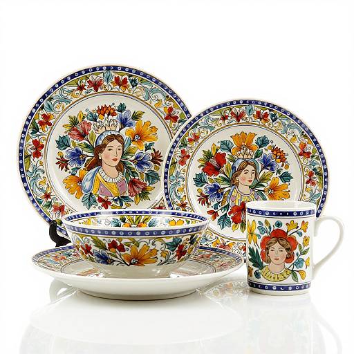 Vibrant ceramic set featuring floral and colorful portrait designs, including plates, bowl, cup, and saucer, with intricate blue trim.