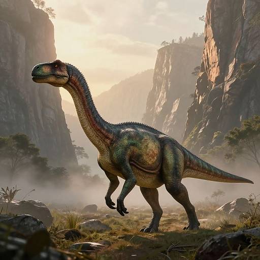 Photorealistic CGI of a green and brown dinosaur with a long neck walking through a misty, sunlit canyon with rocky cliffs.