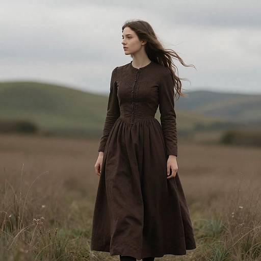 Victorian Woman in Windblown Brown Field
