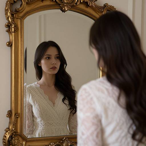 Photograph of a young woman with long black hair, wearing a white lace dress, standing in front of an ornate gold-framed mirror, reflecting