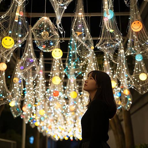 Photograph of a young woman with long brown hair, silhouetted against a nighttime background of colorful, glowing string lights in various shapes, including