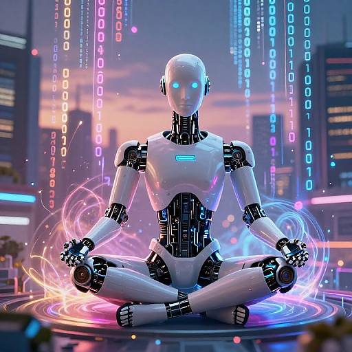 CGI image of a glowing, white and black humanoid robot meditating cross-legged, surrounded by neon blue and pink lights in a futuristic cityscape at
