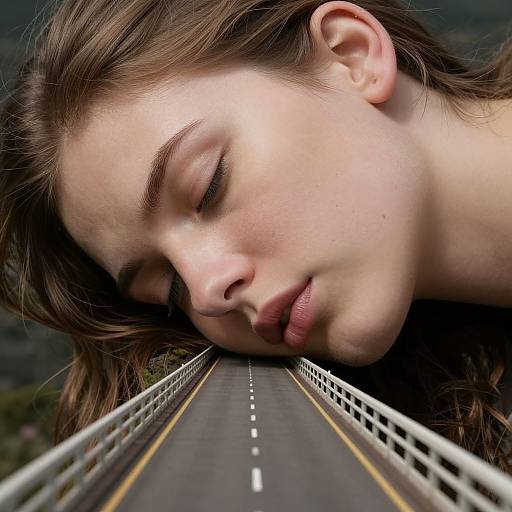 Close-up photograph of a young woman with fair skin and brown hair, eyes closed, resting her head on a deserted highway.