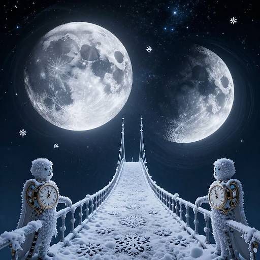 Digital art: Snow-covered bridge leads to twin glowing full moons in starry night sky. Two frosty, clock-wearing figures stand at ends.