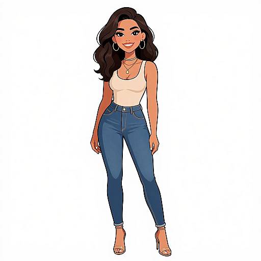 Digital illustration of a smiling, dark-haired woman in a white tank top, blue jeans, and beige heels, with hoop earrings and a necklace.