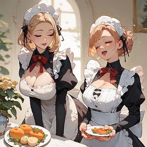 Smiling Maid Serving with Plate, Eyes Closed