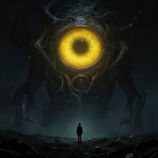 Digital artwork: Silhouetted figure faces massive, glowing yellow-eyed creature with dark, tentacle-like limbs in a misty, dark landscape.
