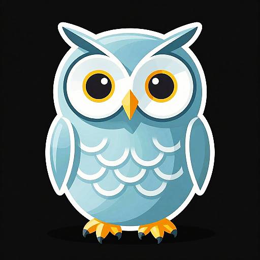 Cute, cartoon-style blue owl with large, yellow eyes, white outline, and orange beak and feet on a black background. Digital illustration.
