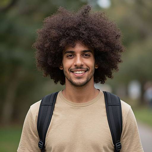 Photograph of a smiling young man with a large, curly Afro, wearing a beige shirt and black backpack, standing outdoors against a blurred green and brown