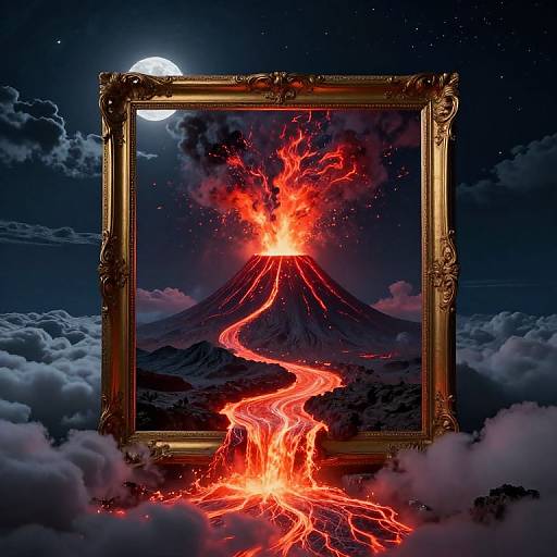 Photorealistic digital artwork: an erupting volcano with glowing red lava flows framed in an ornate gold frame, set against a night sky with a