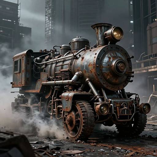 Photorealistic digital artwork of a rusty, steam-powered locomotive roaring through a foggy, industrial cityscape with towering buildings in the background.