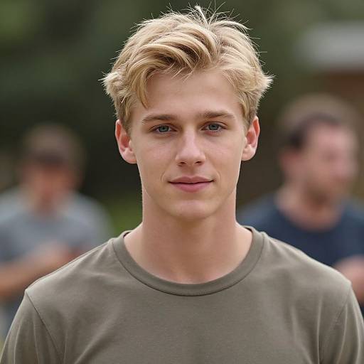 Photograph of a young, fair-skinned, blonde-haired boy with blue eyes, wearing a green t-shirt, slightly blurred background with out-of-focus