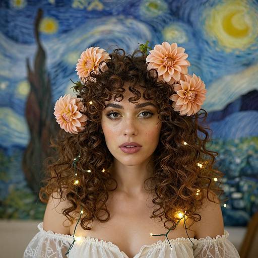 Photograph of a curly-haired woman with a flower crown, fairy lights, and off-shoulder white dress, against a Van Gogh-style night