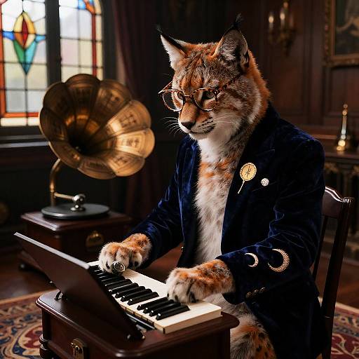 Anthropomorphic Lynx Playing Piano in Vintage Parlor