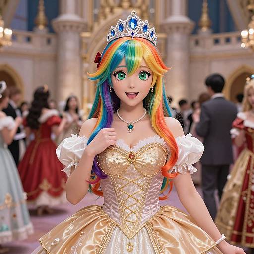 Digital anime-style princess with rainbow hair, green eyes, golden dress, white puffed sleeves, blue and white tiara, smiling, in a grand