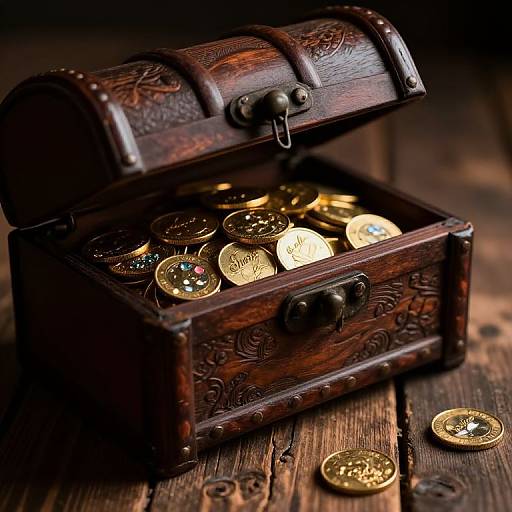 Photograph of an open, intricately carved wooden treasure chest filled with gold coins, some scattered on a rustic wooden table.