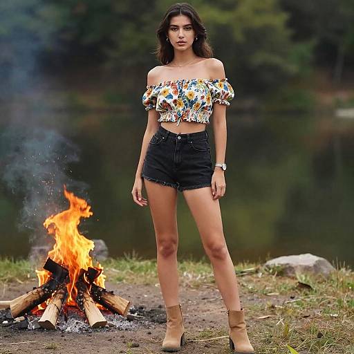 Photograph of a young woman with dark hair, off-shoulder floral top, black shorts, and tan boots, standing by a campfire by