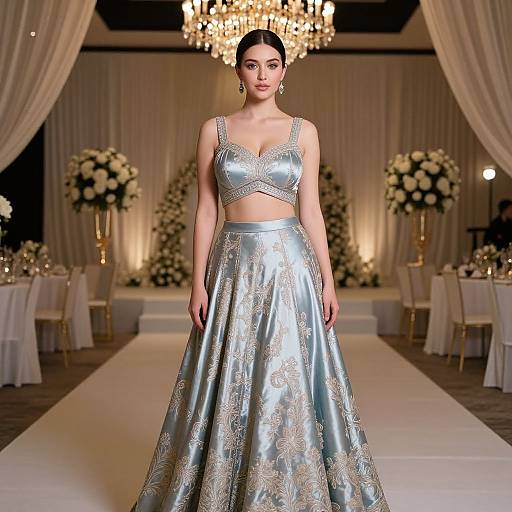 Photograph of a young woman with dark hair in an elegant updo, wearing a shimmering silver crop top and high-waisted skirt with gold