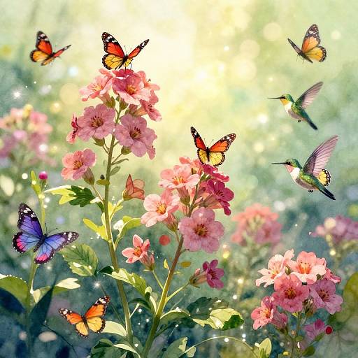 Photograph of vibrant pink flowers with colorful butterflies and a hummingbird, set against a bright, sunlit, sparkly green background.