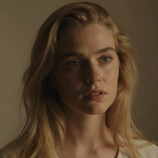 Photograph of a serious-looking blonde woman with blue eyes, light skin, and wavy hair, partially shadowed against a neutral background.