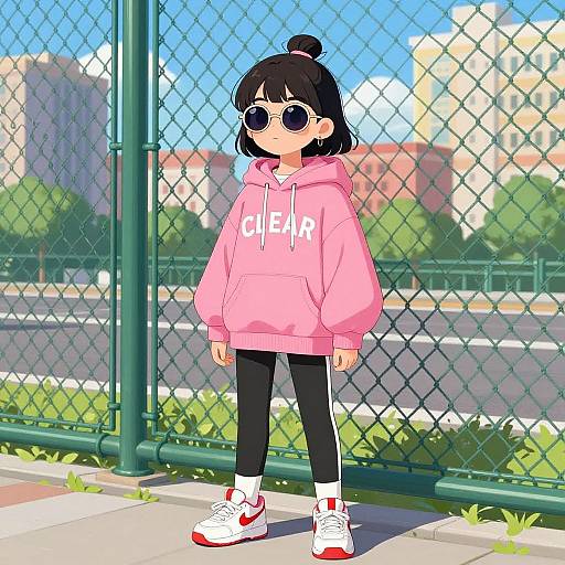 Digital anime-style drawing of a girl with black hair in a bun, wearing a pink 