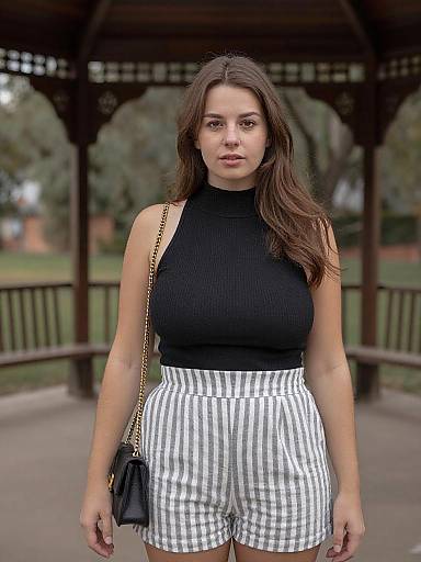 Photograph of a young woman with long brown hair, wearing a black sleeveless turtleneck and white-striped high-waist shorts, standing under