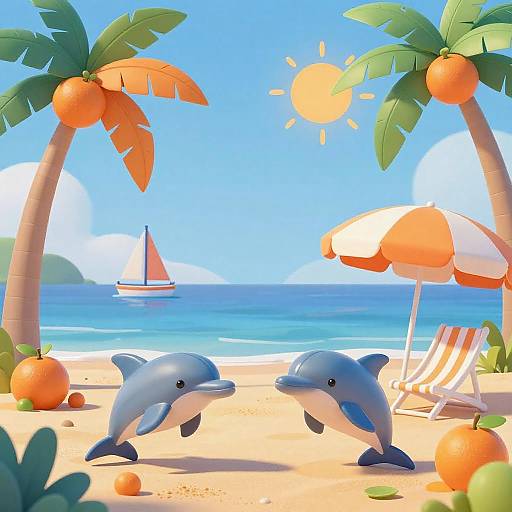 Vibrant Children's Beach Scene with Dolphins