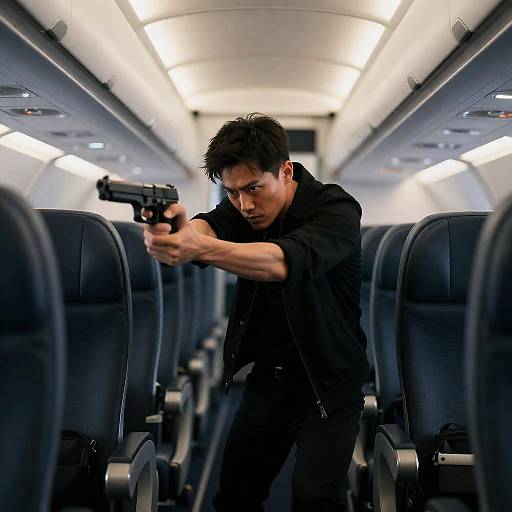 Intense Man with Handgun in Airplane