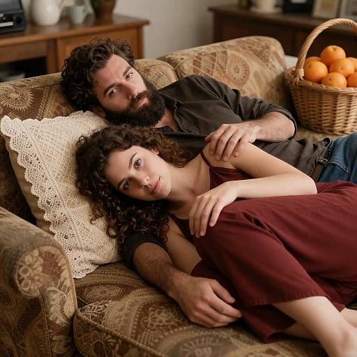 Cozy Couple on Patterned Couch