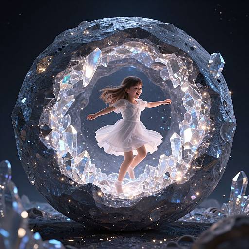 Photorealistic CGI: A young woman with flowing brown hair in a white dress leaps joyfully within a glowing, crystal-encrusted, transparent