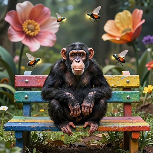 Photograph of a black-furred chimpanzee sitting on a colorful, rainbow-painted bench, surrounded by large flowers and buzzing bees in a lush garden