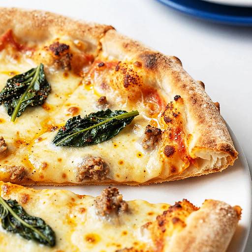 Close-Up of Crispy Spinach Meat Pizza