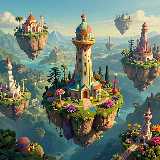 Digital fantasy landscape: Colorful floating castle islands with whimsical towers, vibrant flowers, and lush greenery, set against a bright blue sky and distant