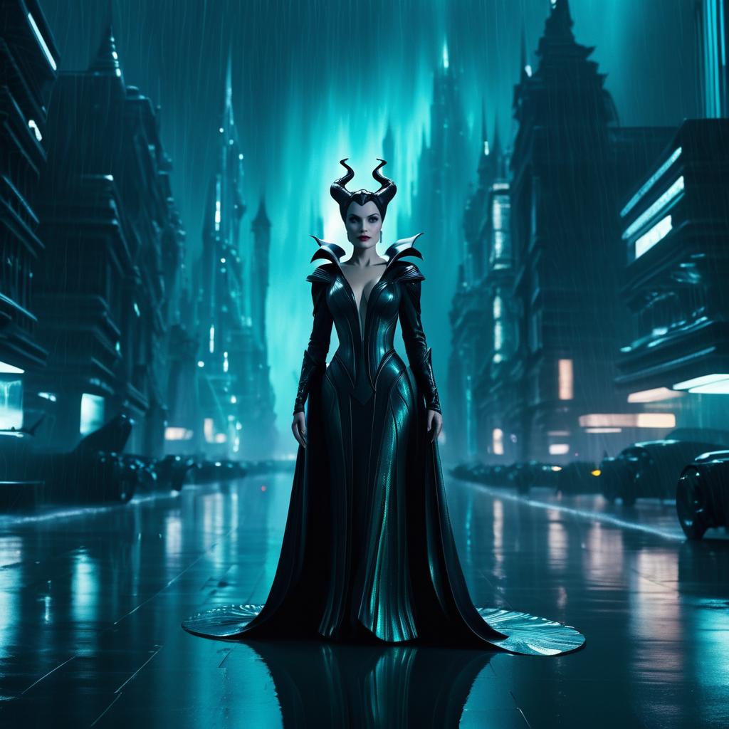 Futuristic Maleficent in Rainy Cityscape