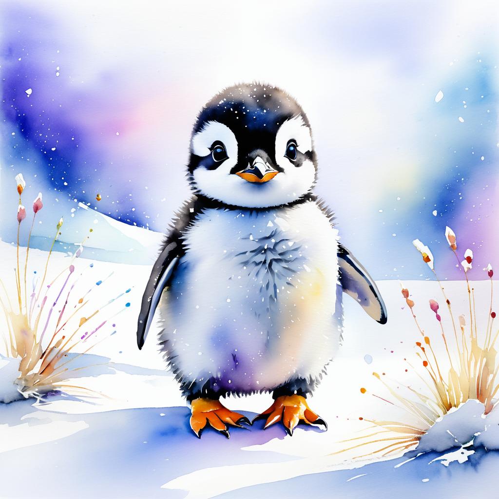 Vibrant Watercolor Baby Penguin Scene