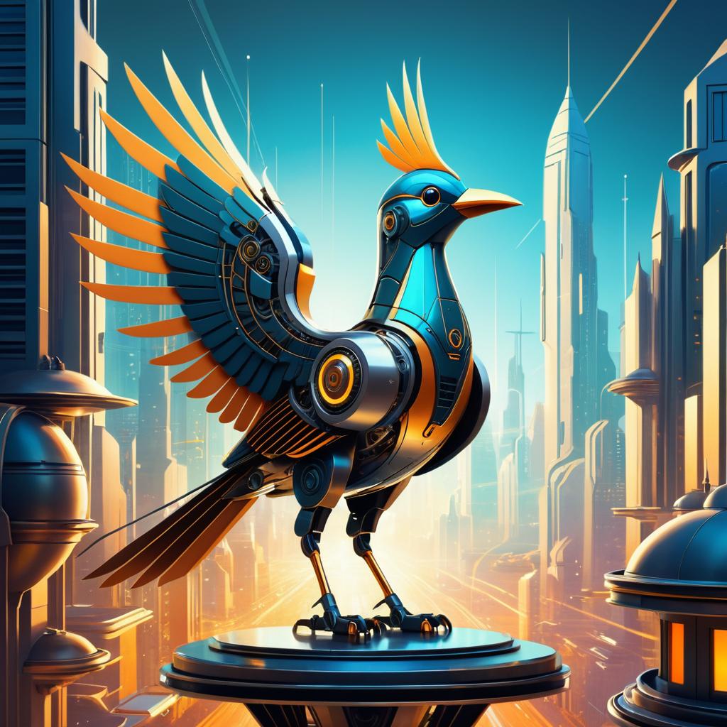 Mechanical Bird in Retro-Futuristic City