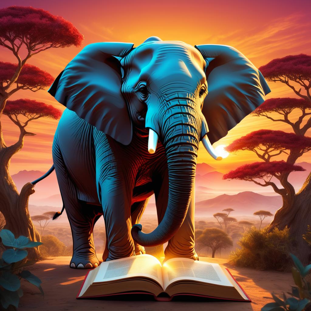 Elephant-Book Hybrid Under Crimson Sunset