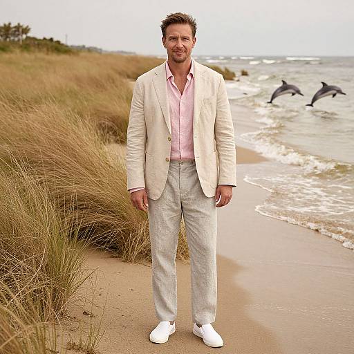 Photograph of a smiling man in a white blazer, pink shirt, and white pants standing on a beach with tall grasses and dolphins in the