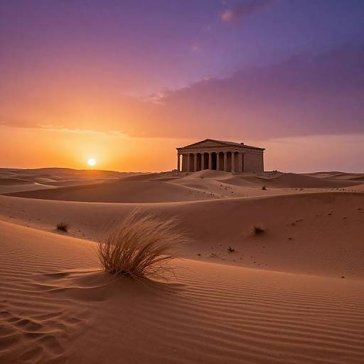 Photograph of a classical-style building silhouetted against a vibrant orange and purple sunset in a vast, rippled desert landscape.