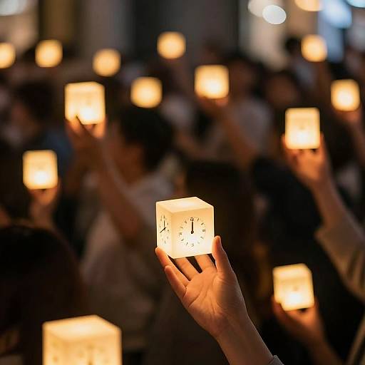 Glowing Clock Cubes in Crowd