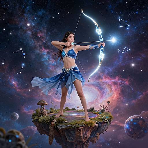 Digital art of a muscular, dark-haired woman in a blue, shimmering bikini and bow, standing on a floating rock in space, aiming a glowing
