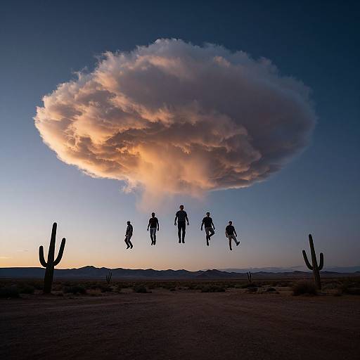 Photograph of a desert sunset with silhouetted riders floating mid-air beneath a glowing, orange-tinged cloud, surrounded by cacti