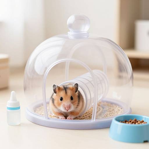 Photograph of a cute, brown and black hamster in a clear, dome-shaped pet house with straw bedding, next to a blue food bowl and