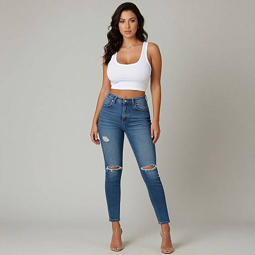 Photograph of a tall, dark-haired woman with medium skin tone, wearing a white crop top, blue distressed jeans, and beige heels, standing against
