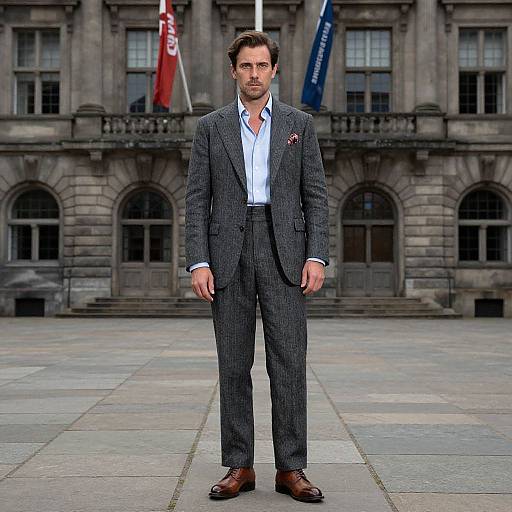 Photograph of a serious-looking man in a dark gray pinstripe suit, white shirt, brown shoes, standing in front of a historic stone building