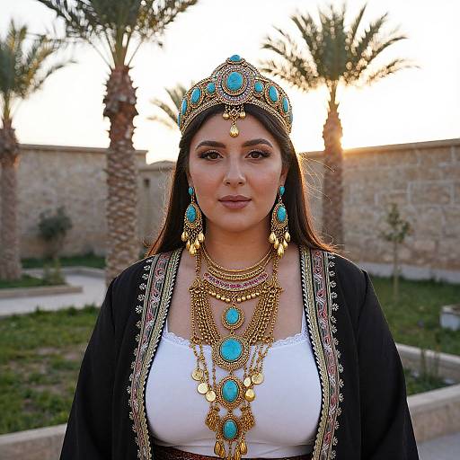 Photograph of a woman with long black hair, wearing a turquoise and gold headpiece, earrings, and necklace, in a garden with palm trees.